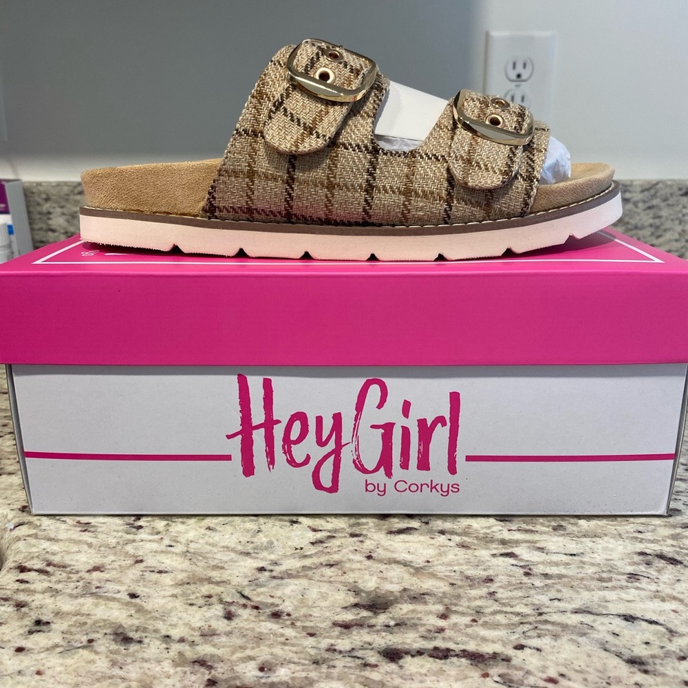 Hey Girl by Corkys Tan Plaid Slide Sandal